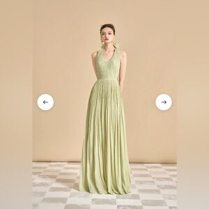 Green Pleated Ruched Halter Gown